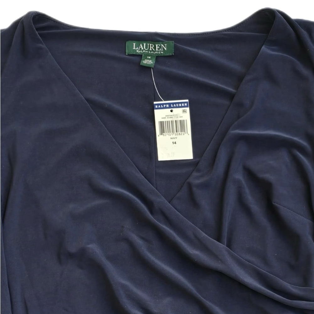 Lauren Ralph Lauren Navy Faux Wrap Ruffle Jersey Dress 14 NW #58 - Picture 8 of 11